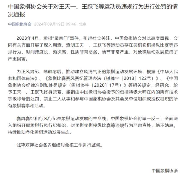 开云网站-王天一、王跃飞两位象棋特级大师终身禁赛